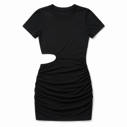 サイドカット ミニ丈 半袖ワンピース BLACK