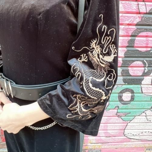 ベロア素材袖刺繍チャイナミニタイトワンピース BLACK