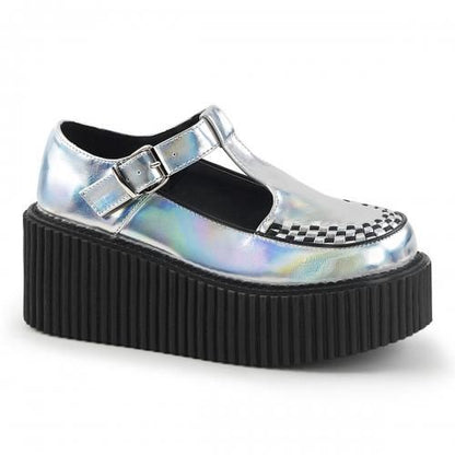 Demonia Tストラップ クリーパーシューズ CREEPER-214 Silver Hologram