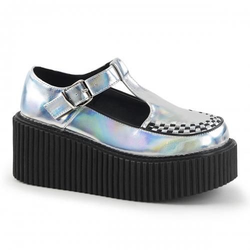 Demonia Tストラップ クリーパーシューズ CREEPER-214 Silver Hologram