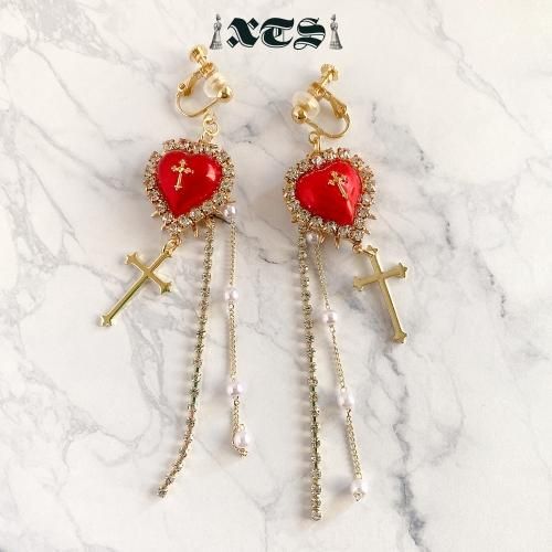 XTS クロスハート チェーン イヤリング Gold/Red TS0222