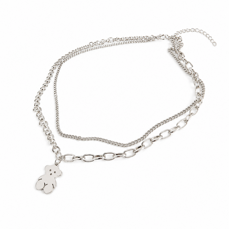 フラット テディベア ダブルチェーン ネックレス SILVER