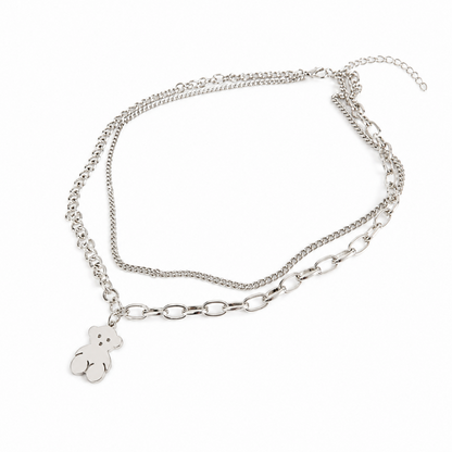 フラット テディベア ダブルチェーン ネックレス SILVER