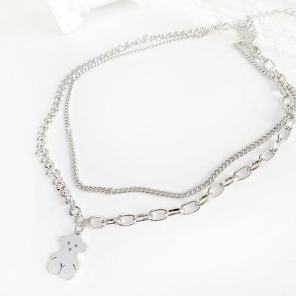 フラット テディベア ダブルチェーン ネックレス SILVER