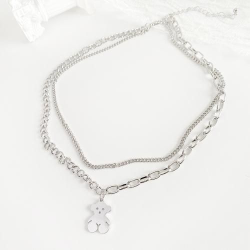 フラット テディベア ダブルチェーン ネックレス SILVER