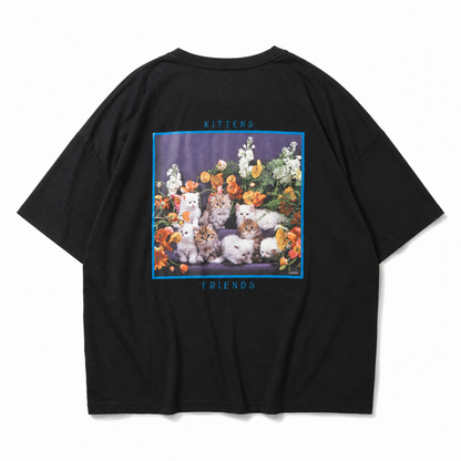 なめ猫 バックフォトオーバーシルエット 半袖Tシャツ BLACK