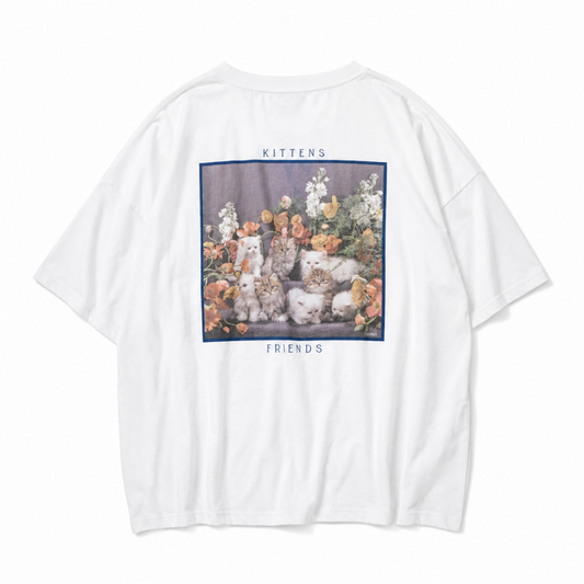 なめ猫 バックフォトオーバーシルエット 半袖Tシャツ WHITE