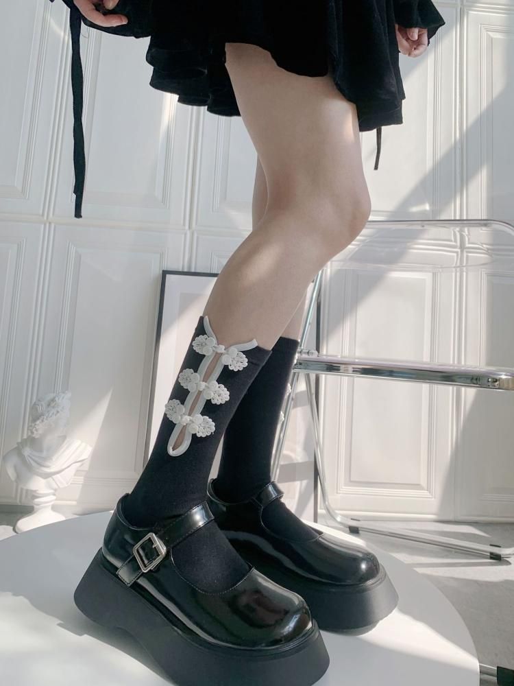 チャイナボタン 長め丈 ソックス BLACK
