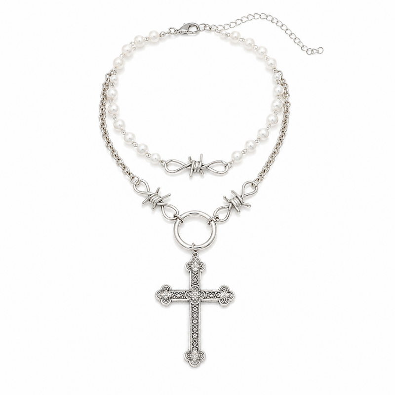 BIGクロス 有刺鉄線 パール チェーン ネックレス セット SILVER シルバー