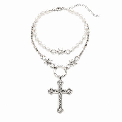 BIGクロス 有刺鉄線 パール チェーン ネックレス セット SILVER シルバー