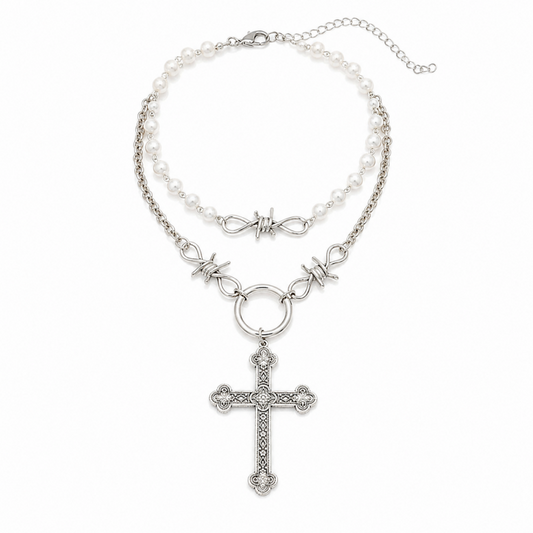 BIGクロス 有刺鉄線 パール チェーン ネックレス セット SILVER シルバー