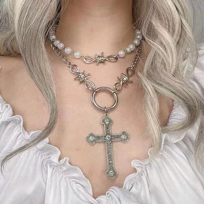 BIGクロス 有刺鉄線 パール チェーン ネックレス セット SILVER シルバー