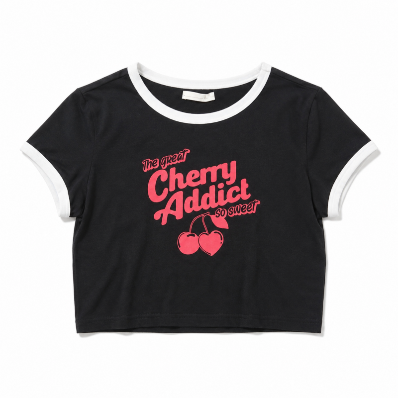 チェリー さくらんぼ リンガー チビTシャツ BLACK