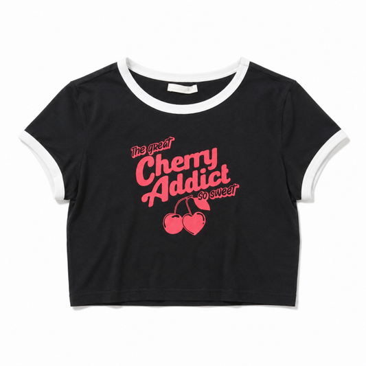 チェリー さくらんぼ リンガー チビTシャツ BLACK