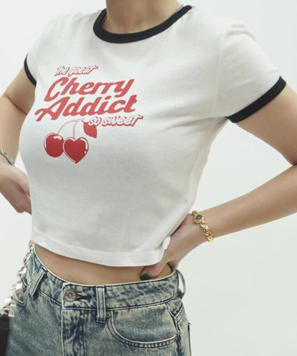 チェリー さくらんぼ リンガー チビTシャツ WHITE