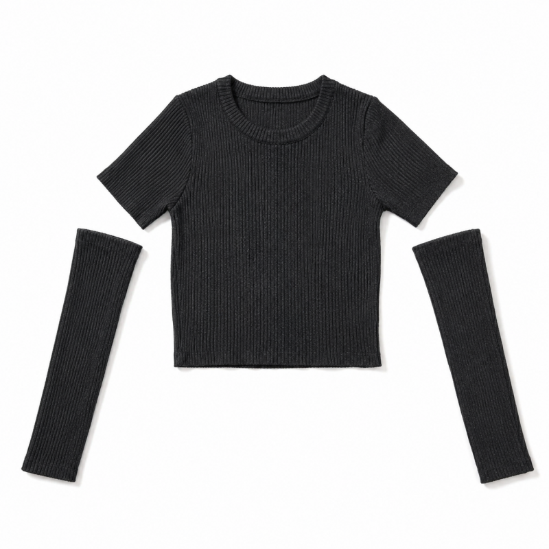 ラメリブ ショートTシャツ アームウォーマー付き BLACK*