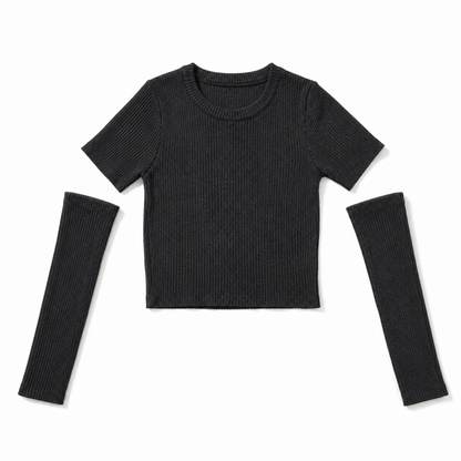 ラメリブ ショートTシャツ アームウォーマー付き BLACK*