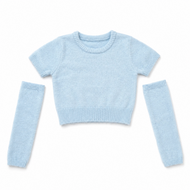 フェザーモール半袖アームウォーマー付 Tシャツ BLUE