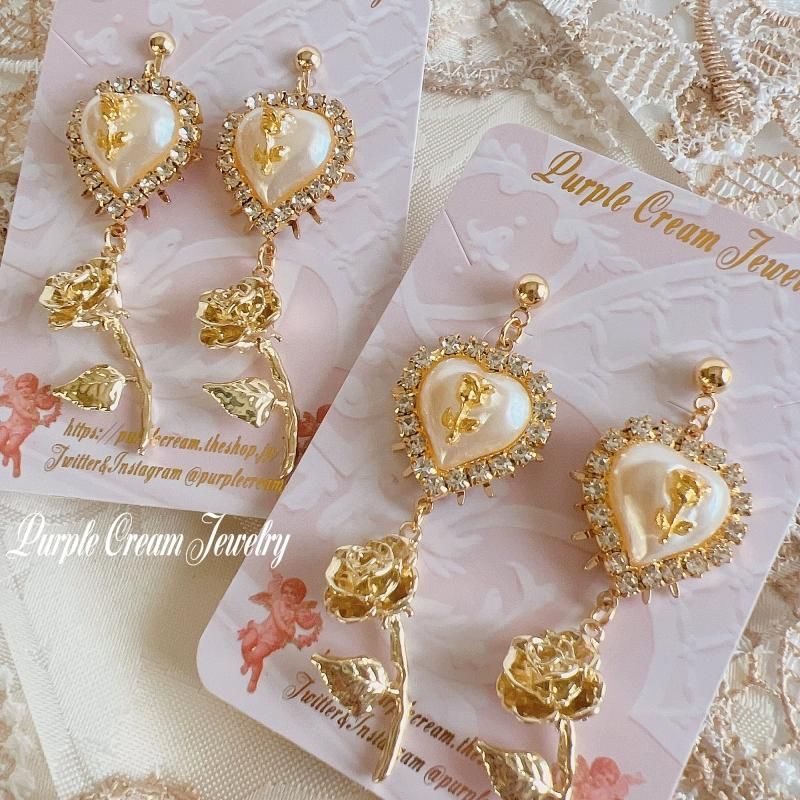 Purple Cream ガーリーホワイトローズ ピアス・イヤリング GOLD P1275