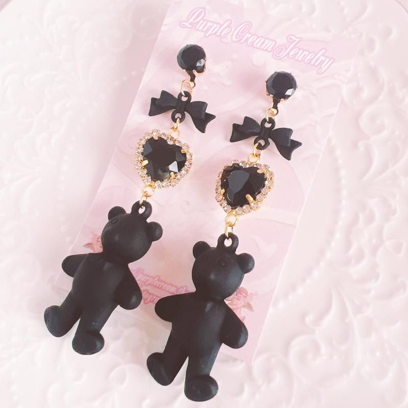 Purple Cream ファンシーブラック テディベア ピアス P1244 BLACK
