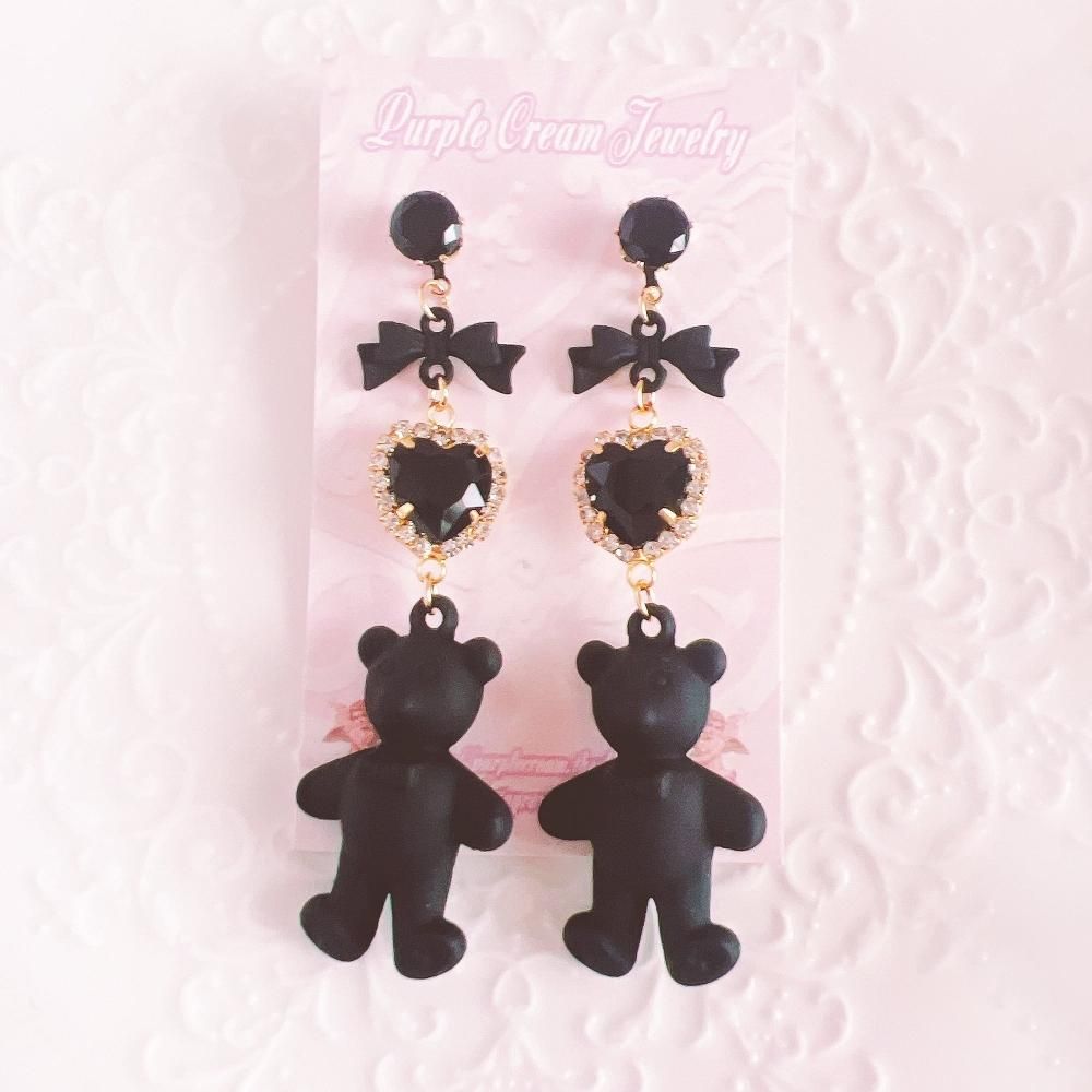 Purple Cream ファンシーブラック テディベア ピアス P1244 BLACK