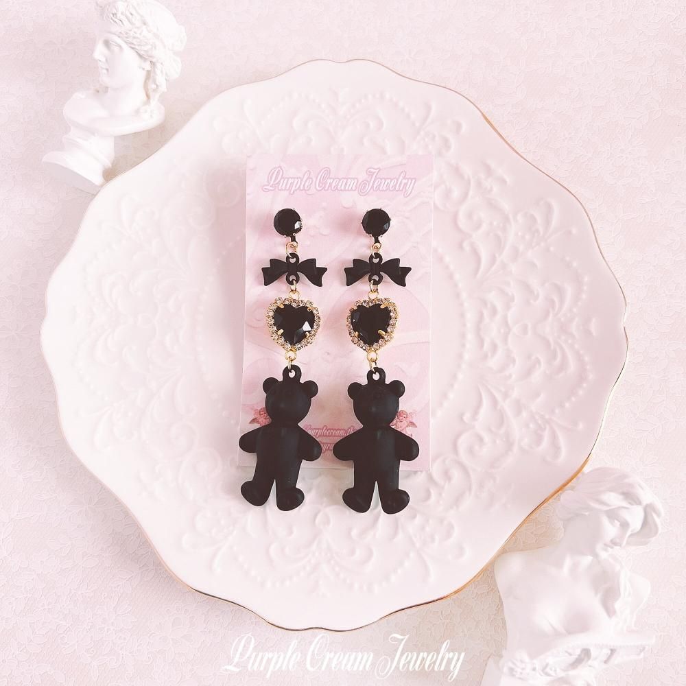Purple Cream ファンシーブラック テディベア ピアス P1244 BLACK