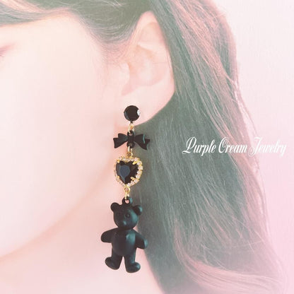 Purple Cream ファンシーブラック テディベア ピアス P1244 BLACK