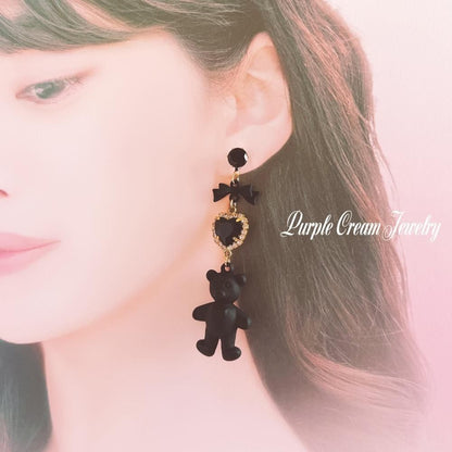 Purple Cream ファンシーブラック テディベア ピアス P1244 BLACK