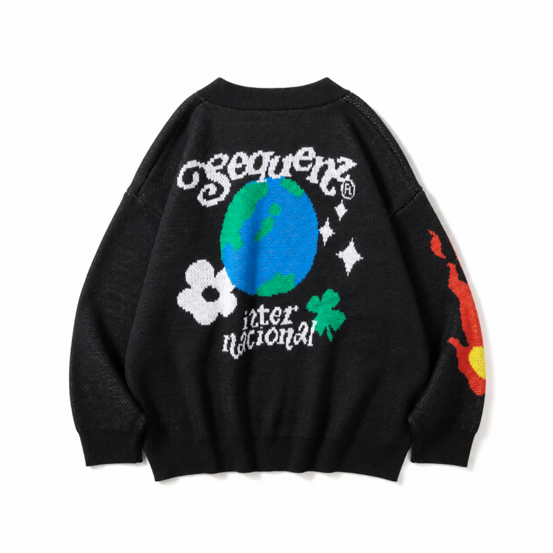 SEQUENZ 1pt刺繍 ヒッピー 花柄 ジャガードニット カーディガン BLACK