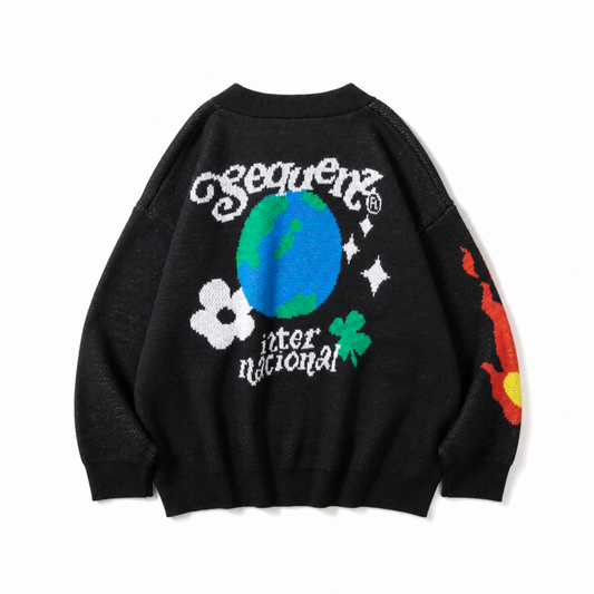 SEQUENZ 1pt刺繍 ヒッピー 花柄 ジャガードニット カーディガン BLACK