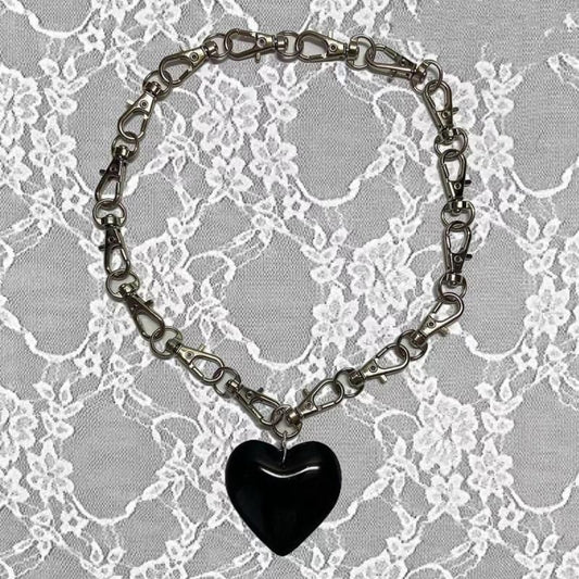 BIG ブラックハート モチーフ クリップチェーン ネックレス SILVER BLACK