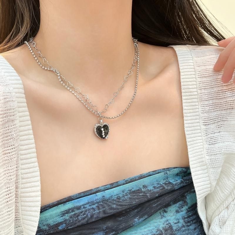 ダブルチェーン ハート ネックレス SILVER BLACK