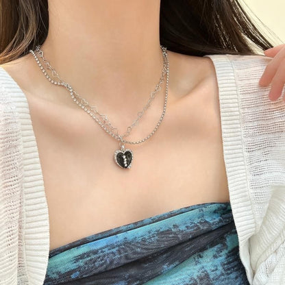 ダブルチェーン ハート ネックレス SILVER BLACK