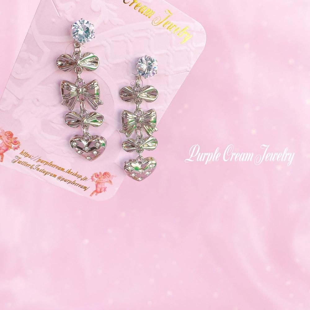 Purple Cream リボン&ハートピアス P1128