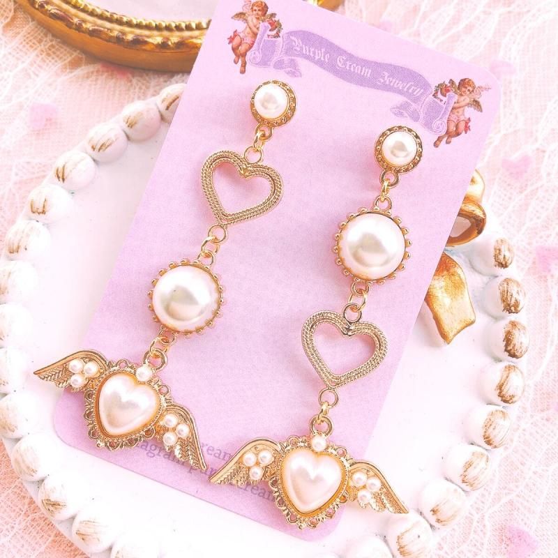 Purple Cream パールハートウィングピアス P538