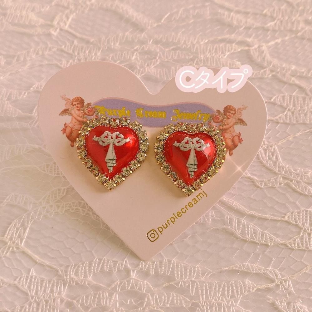 Purple Cream カメオハートピアス レッド P943