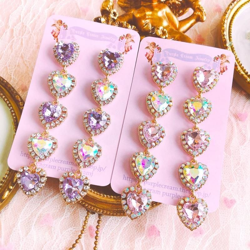 Purple Cream キラキラハート5連ピアス P017