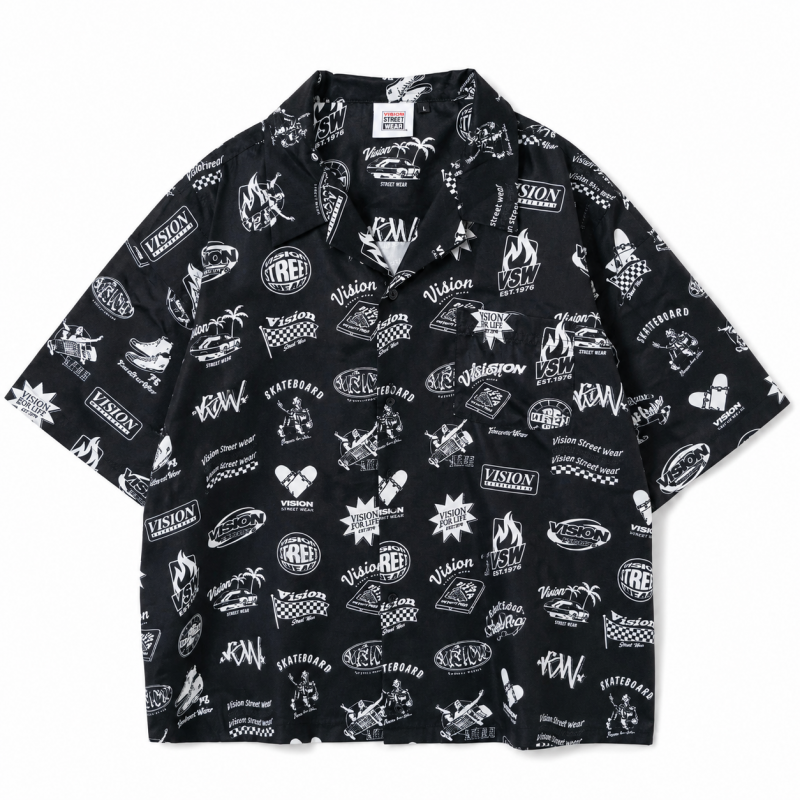 VISION STREET WEAR グラフィック総柄 開襟 半袖シャツ BLACK