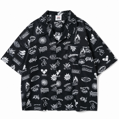 VISION STREET WEAR グラフィック総柄 開襟 半袖シャツ BLACK