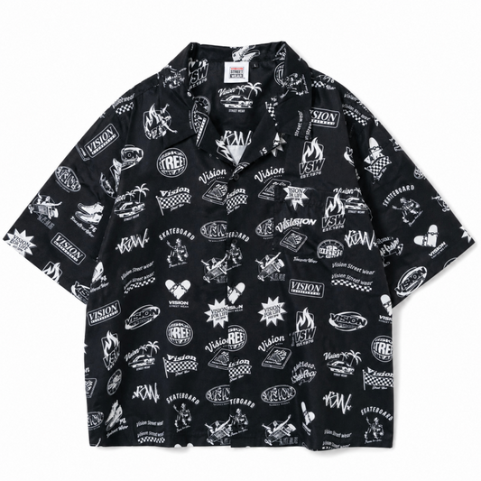 VISION STREET WEAR グラフィック総柄 開襟 半袖シャツ BLACK