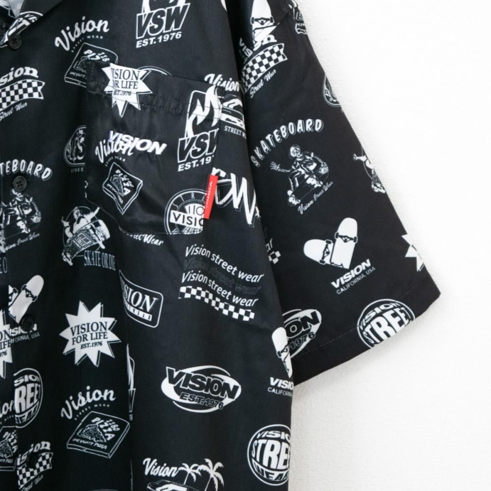 VISION STREET WEAR グラフィック総柄 開襟 半袖シャツ BLACK