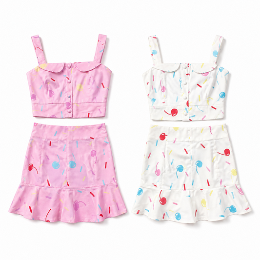 カラフルチェリー 総柄 ビスチェ スカート セットアップ PINK WHITE