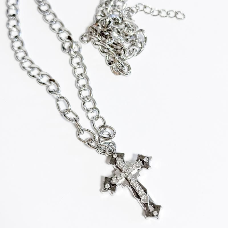 CROSS ラインストーン チェーンネックレス SILVER