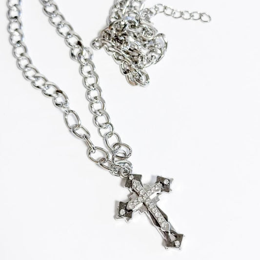CROSS ラインストーン チェーンネックレス SILVER