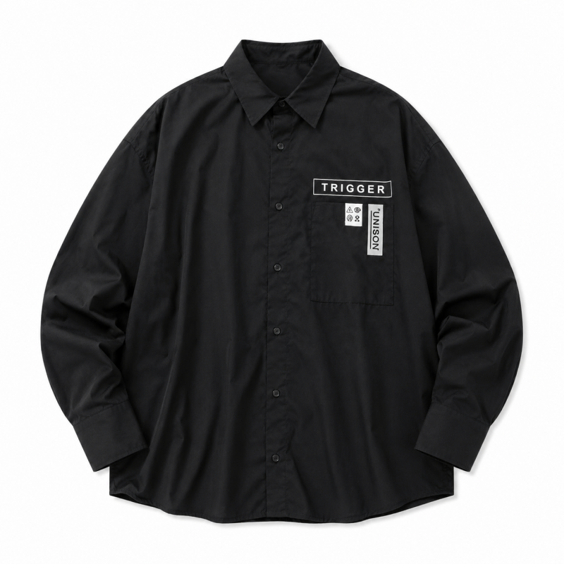BIGシルエット パッチ 長袖 ブロードシャツ BLACK