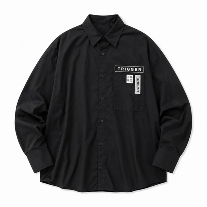 BIGシルエット パッチ 長袖 ブロードシャツ BLACK