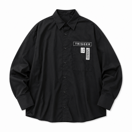 BIGシルエット パッチ 長袖 ブロードシャツ BLACK