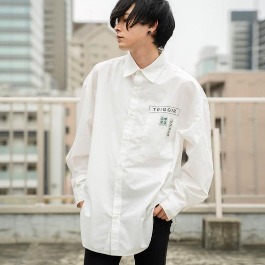 BIGシルエット パッチ 長袖 ブロードシャツ WHITE