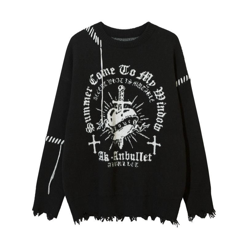 Corazon クロス ダメージ加工 ニットセーター BLACK