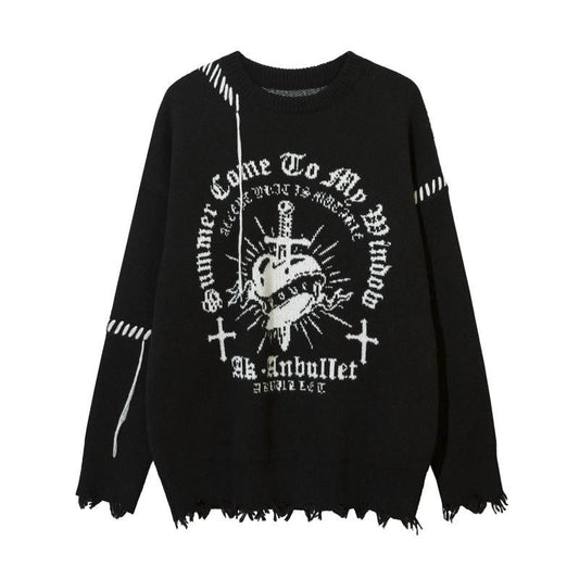 Corazon クロス ダメージ加工 ニットセーター BLACK